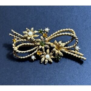 Gold Tone Floral Bouquet Pin Brooch Flowers Faux Pearl Rhinestone Mid Century